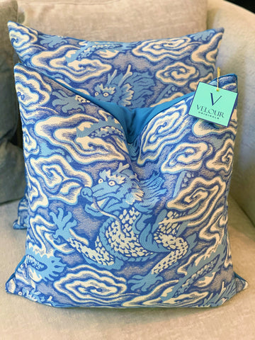 Blue cloud dragon chinoiserie velvet pillows
