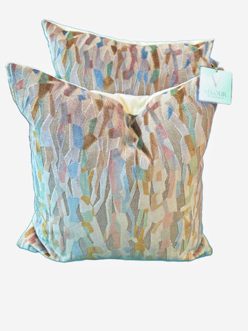 Swayzay Blush, light blue and tan cut velvet pillows