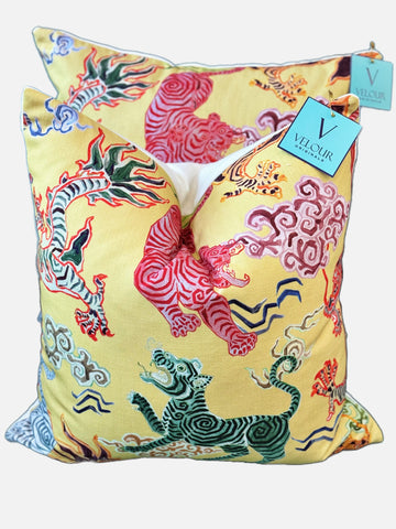 Yellow Chinoiserie Himalaya Dragon Tiger Pillows