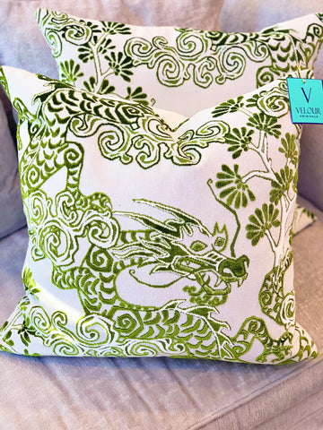 Green Chinoiserie Dragon Velvet Pillows