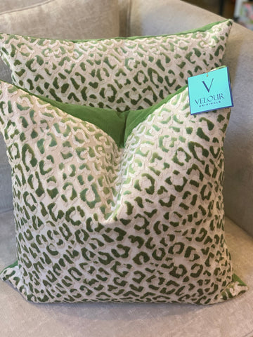 Ocelot Jade green and white leopard velvet pillows