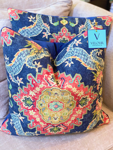 Navy Myth Dragon Chinoiserie Velvet Pillows