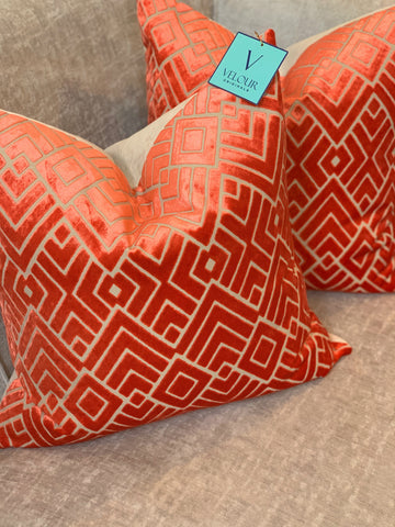 Orange Coral Cut Velvet Pillow Set
