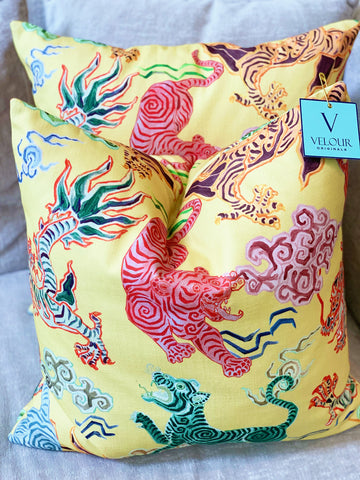 Yellow Chinoiserie Himalaya Dragon Tiger Pillows