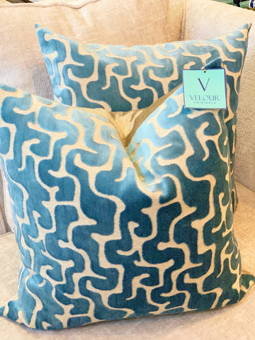 Blue cut velvet swirl pillows