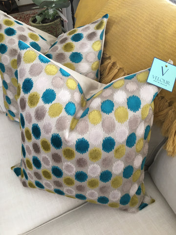 Kaufmann Peacock Dots Turquoise and Citrine Velvet Pillows
