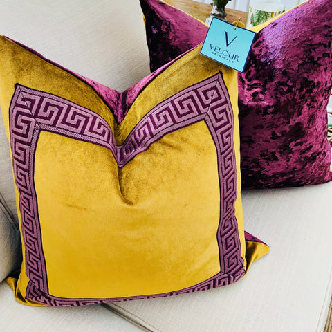 Purple and Gold Velvet Greek Key Pillow Set