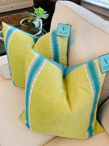 Velvet lime green and turqouise Pillows with tape