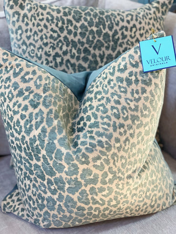 Teal and Tan Cheetah Print Velvet Pillows