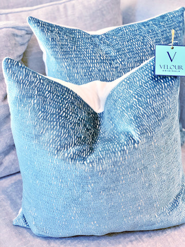 Light blue pinder cut velvet pillows