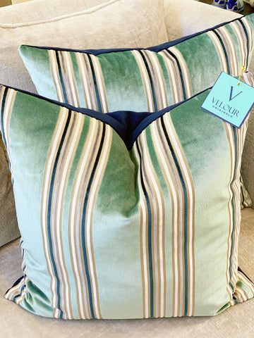 Mint green velvet stripe pillows