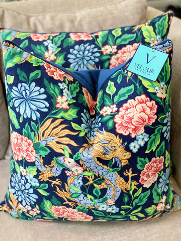 Navy Dragon flower Chinoiserie Velvet Pillows