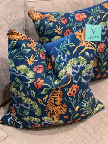 Navy tiger jungle velvet pillows
