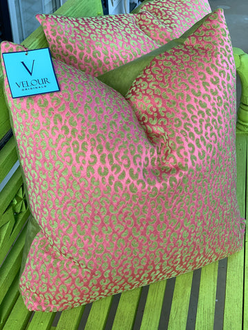 Watermelon Pink and Green Velvet Cheetah print pillows