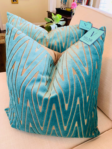 Teal Turquoise Velvet Pillows - Chevron
