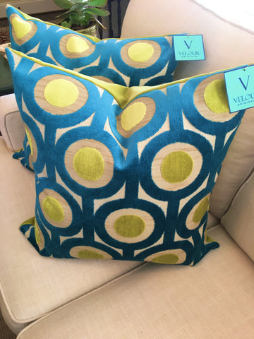 Kali sky Turquoise and Lime Green Cut velvet Circle Pillows