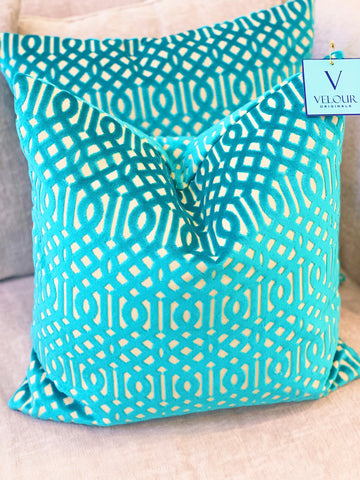 Turquoise Lattice Cut Velvet Pillows