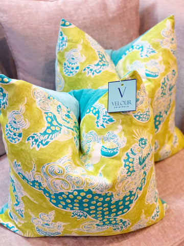 turquoise lime dragon chinoiserie pillows
