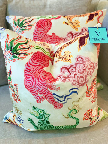 Chinoiserie Dragon Tiger Cream Velvet Pillows