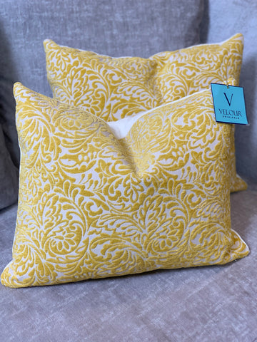 Duralee Lemon Yellow and Cream Cut Velvet 16" x 20" pillow set